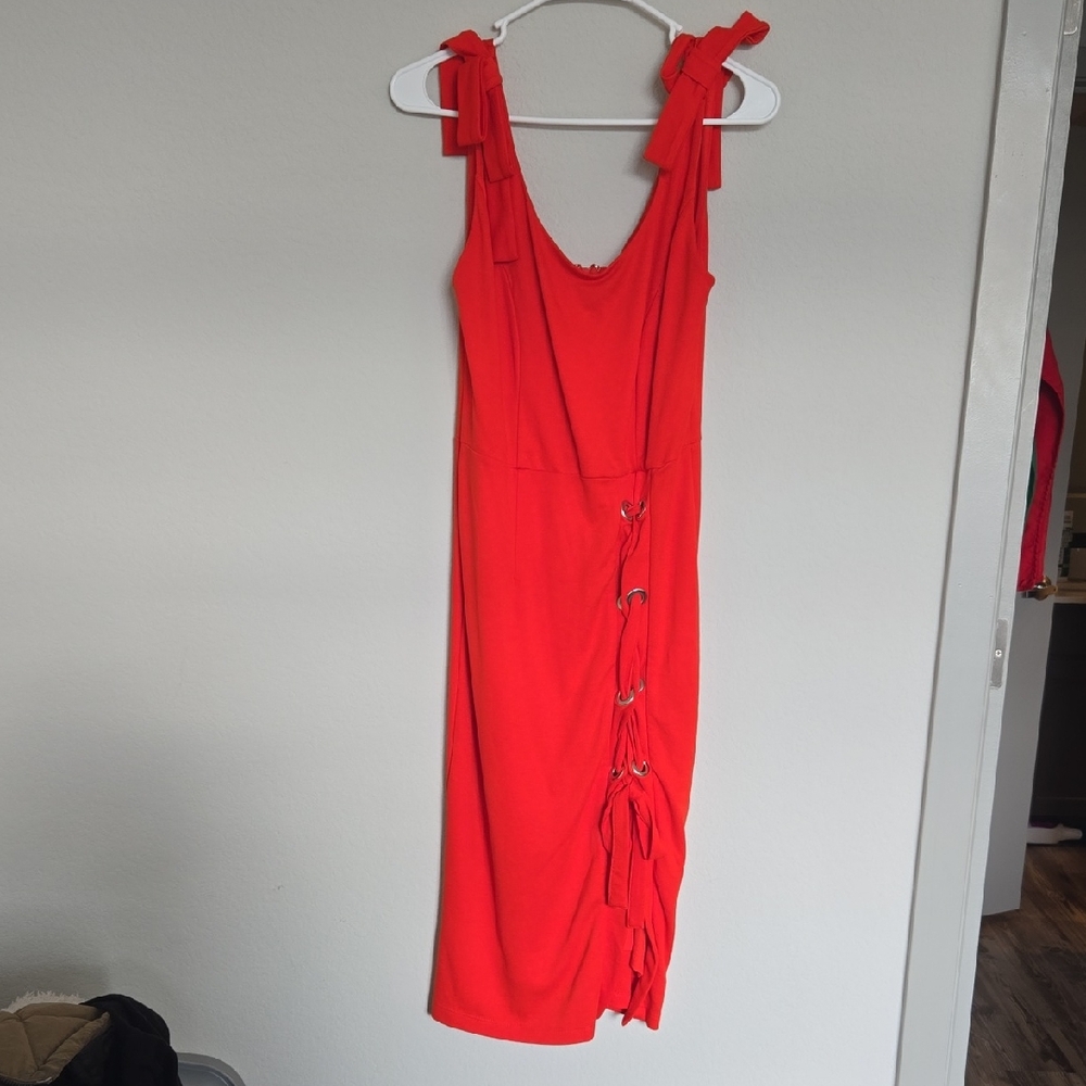 VENUS Vibrant Red Midi Dress with Tie Straps